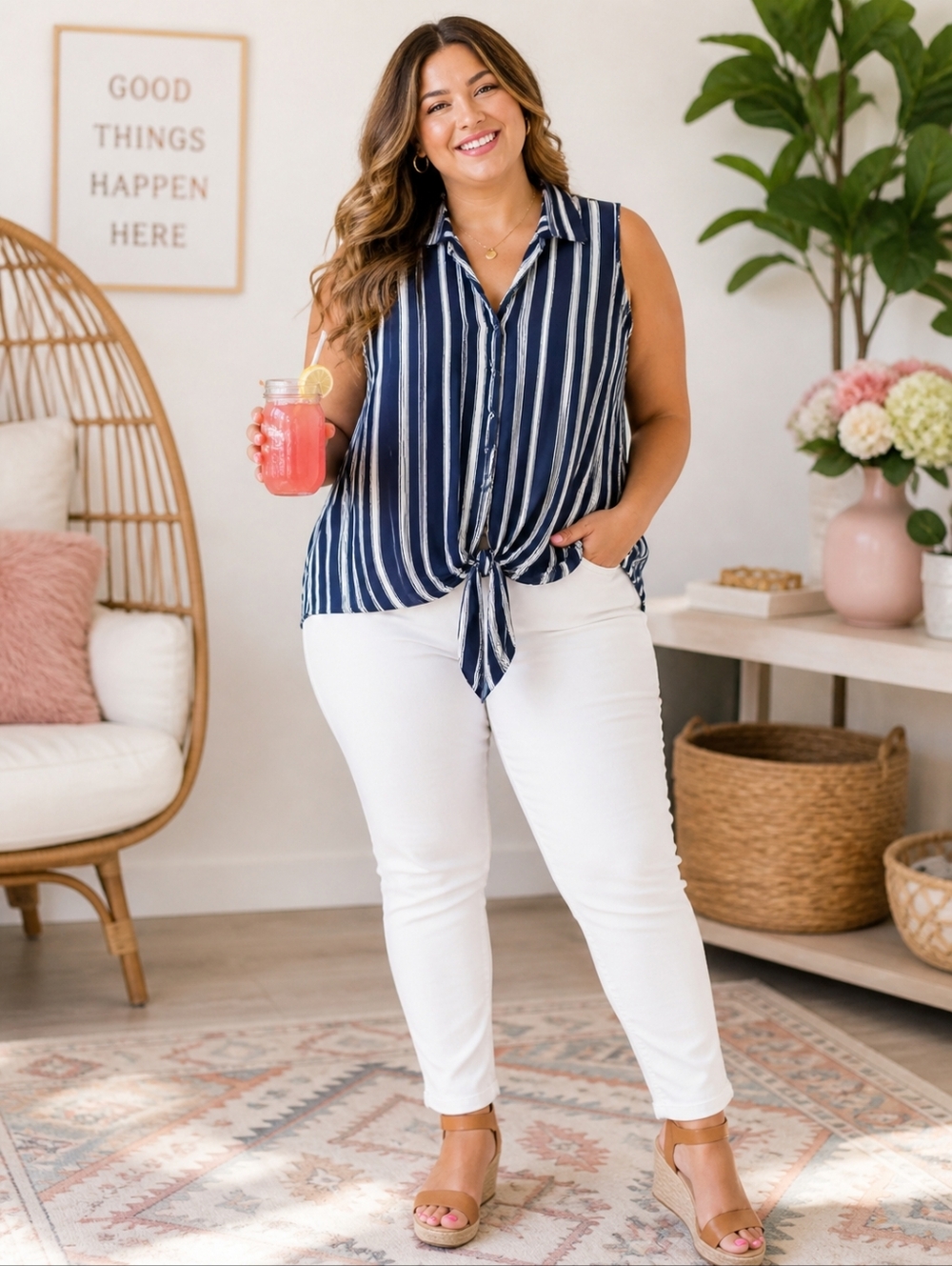 Forever 21+ Sleeveless Striped Blouse | Size 3X | Tie Front Top